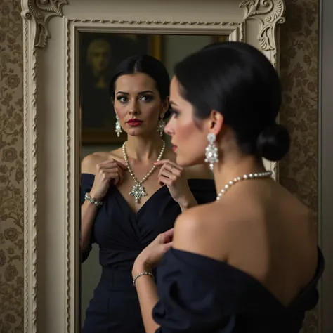  In an elegantly decorated room ,  the black-haired and blue-eyed woman stands in front of an antique mirror, adjusting a delicate necklace .  Her reflection shows a focused look 