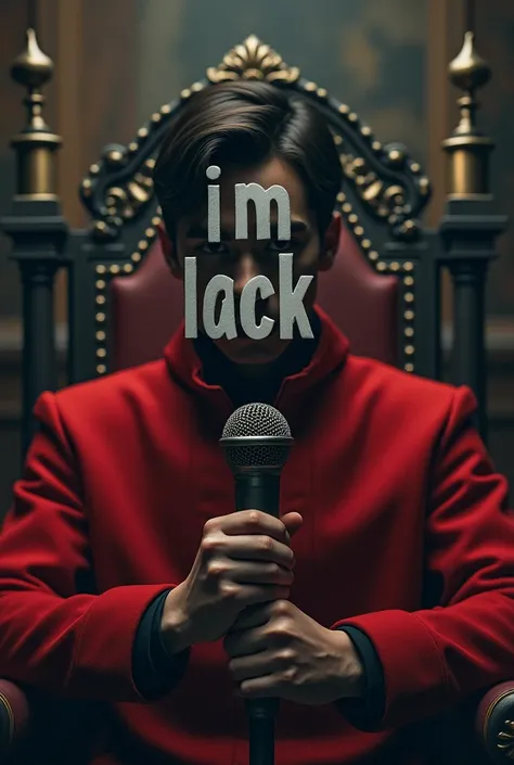 Young man in a red jacket with his face covered sitting on a throne and in one hand holding an old microphone with large letters that say Im back in white
