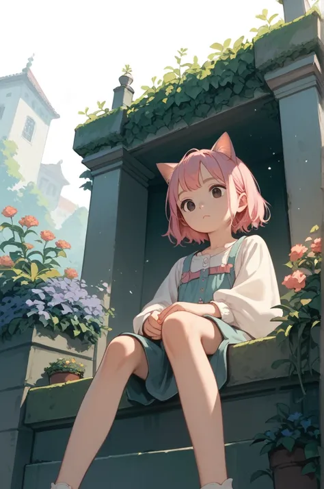  1 girl,  pink hair, dark eyes,Young,Cat ears,
 sit and stare at a low angle,Overlook
small tits high resolution , masterpiece,  simple background,  illustration , anime, 
 Mysterious,garden