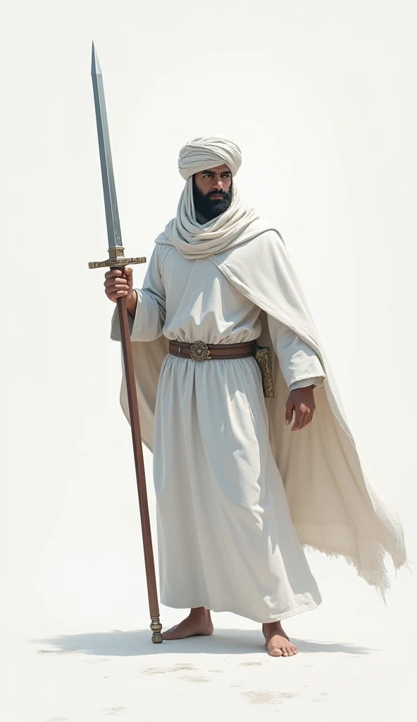 Zulfikar, a brave soldier of Islam, stands sword in hand,Turban on the head,all coler is white, no face