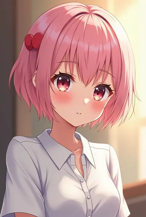 anime girl with pink hair and white shirt looking down, [[[[grinning evily]]]], with pink hair, delicate androgynous prince, sayori, with short hair, some pink, cute girl with short pink hair, ((pink)), orange - haired anime boy, detailed anime soft face, ...