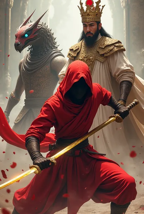 I want a red ninja with a golden sword and a Khmer king with a huge crown and a red circle in the middle and a Persian digimon