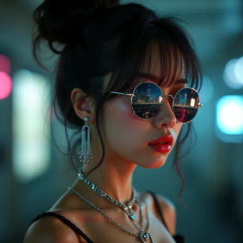 A striking photograph of a beautiful, confident, sexy and stylish goth Asian young girl. She dons a sunglasses that reflect a dazzling cityscape. Her messy bun features soft light streaks, and her silver earrings catch the light. Delicate silver necklaces ...