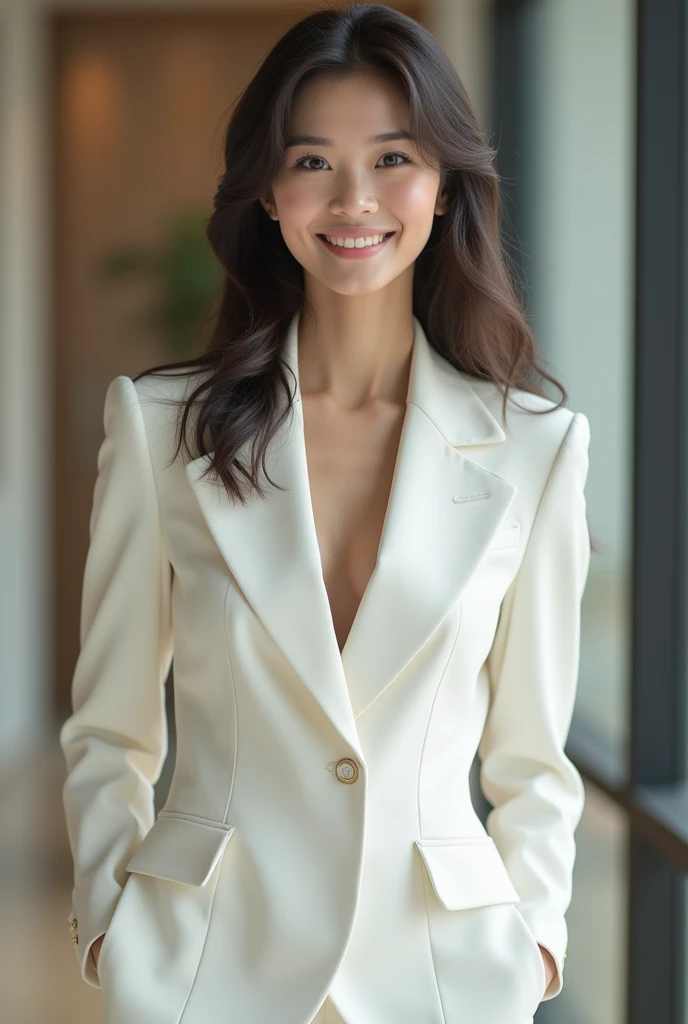 1 CEO approves of a body shape that is not too tall and a round face, pretty girl but with a cool and individual style I want the picture after that girl is a modern office and she stands in front, posing powerfully and majestically and wearing an Asian st...