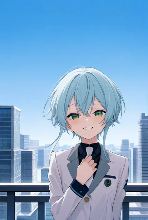 A cool girl with long light blue hair shows a smile in a futuristic city with a blue sky　White blazer uniform