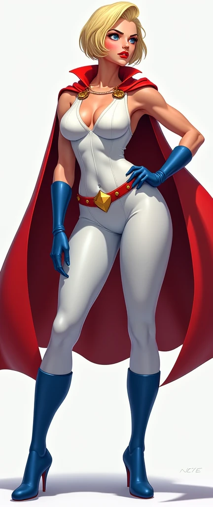 White girl, short blonde hair, muscular build, large breasts, white spandex suit, oval cleavage window, red cape, red and gold belt, blue gloves and boots, powerful pose