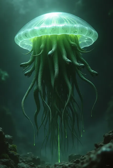 Jellyfish with snakes with hair with fangs and spitting green blood 