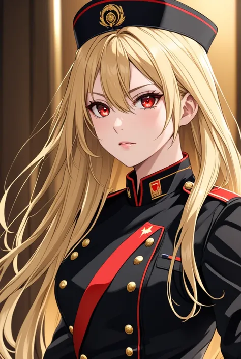 Girl with long blond hair and red eyes in a black military uniform 