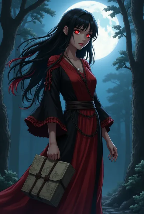  Make a brown woman with big black hair obdulated with a red root wearing a red-on-black warrior dress and a bag in her hand with a map inside the woman has bright red eyes, The woman seems to be from a more realistic anime ,  the background where the woma...