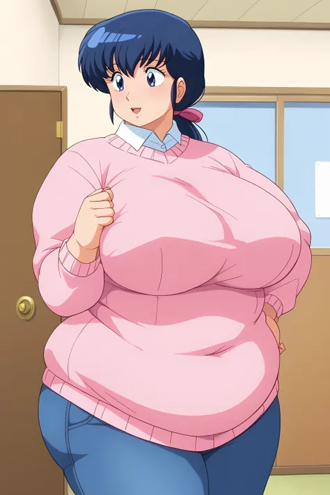 Otonashi Kyoko, Kyoko Otonashi　Maison Ikkoku,  long hair, 紺色の髪,low ponytail, pink barrette ribbon, Dark blue eyes, pink sweater , Blue jeans,  shirt with white collar , (Japanese-style room),milf,  score_9, score_8_ up、 score_7_ up、 score_6_ up、 score_5_ u...