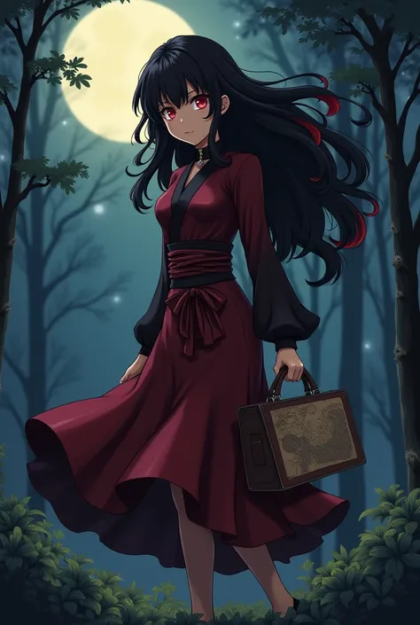  Make a brown woman with big black hair obdulated with a red root wearing a red-on-black warrior dress and a bag in her hand with a map inside the woman has bright red eyes, The woman seems very realistic from the anime,  the background where the woman is ...