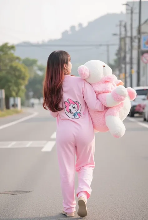 a sweet Korean girl,litle fat,clean an wheel gromed face  long layered hair with medium height, the ends of her hair are red. wearing a pink long-sleeved nightgown with an animated character motif, wearing flip-flops. walking on the outskirts of town carry...