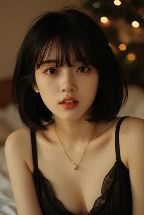 ((top quality)), ((masterpiece)), (Details),one Japanese girl, age 20,large eyes,thin lips,smile ,open mouth,look at me with black short bob hair white skin in sliky black nightgown,cleavage, small gold earrings,gold necklace,(accurate anatomy:1.3),lying o...