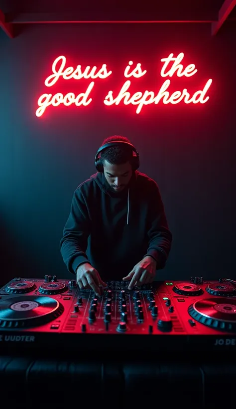  scene of a DJ with his musical material, In the background a black wall , with a writing : Jesus is the Good Shepherd in neon 