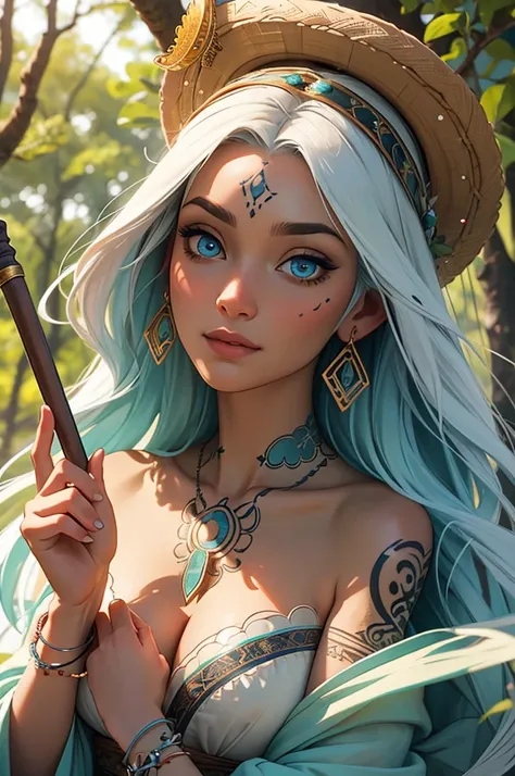 A serene scene depicting an ancient tribal female shaman, deeply connected to nature worship, with striking facial features common in Southeast Asia. Her high cheekbones, deeply set eyes, and pronounced nose bridge give her a dignified presence, emphasizin...