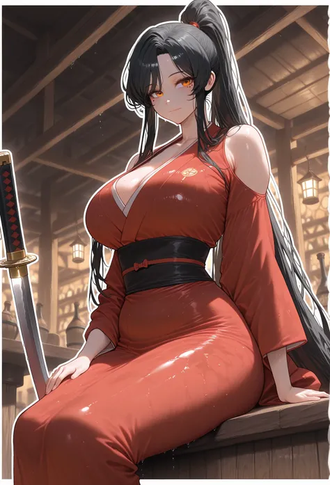 (masterpiece, high resolution, 2k resolution, best quality), (1girl, perfect anatomy, perfect face),
((black hair), long hair, ponytail), (orange eyes, perfect eyes),
red oriental kimono), Narrow shoulders,
((sitting, Tavern),
(expressionless, light smile,...