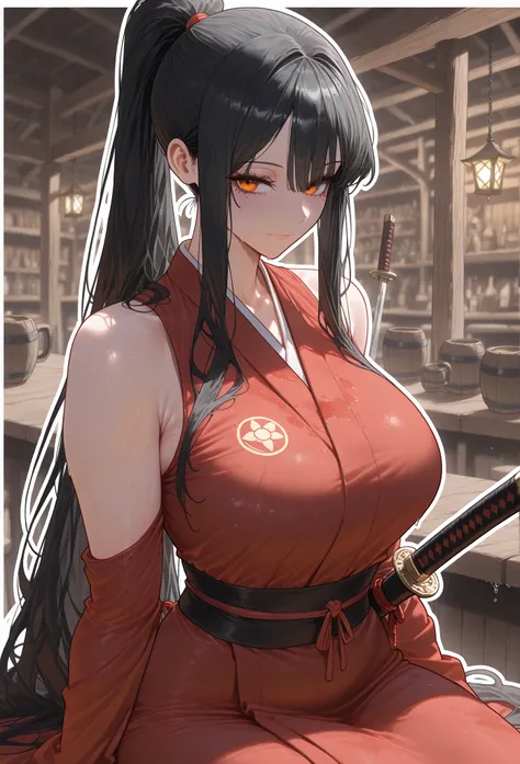 (masterpiece, high resolution, 2k resolution, best quality), (1girl, perfect anatomy, perfect face),
((black hair), long hair, ponytail), (orange eyes, perfect eyes),
red oriental kimono), Narrow shoulders,
((sitting, Tavern),
(expressionless, light smile,...