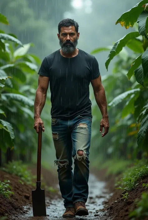 A handsome 40 year old Asian man with short hair and a thin body wearing a black t-shirt, torn jeans and boots, carrying a long machete, walks in a coffee plantation.Rubber and drenched in heavy rain wet the whole body, 8k image quality 