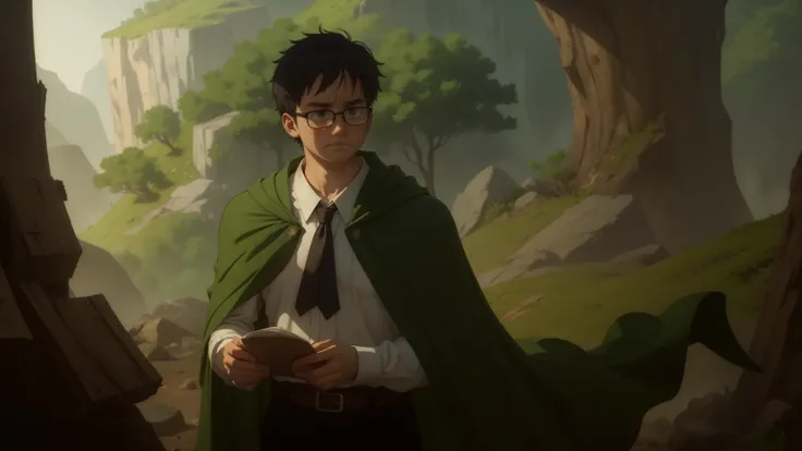 Boy、brown shorts、big round glasses、adventurer、、、、head down、lose、guilty、despondency、sad、repression、guilt、betrayal、chill、hurt、make up for、forgive、rounded glasses、green cape、full body、brown coat、white shirt、green tie、brown shorts、black boots、dynamic pose、1 pe...