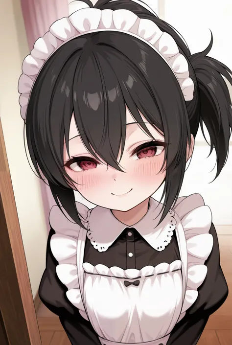 Maid girl, black hair, narrow eyes, blush, short one ponytail, light pink accessorie, smile nervously