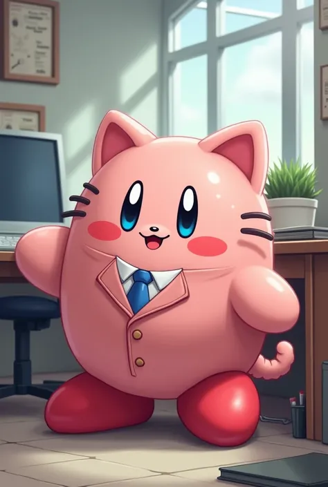 Kirby in a pusheen suit in an office 