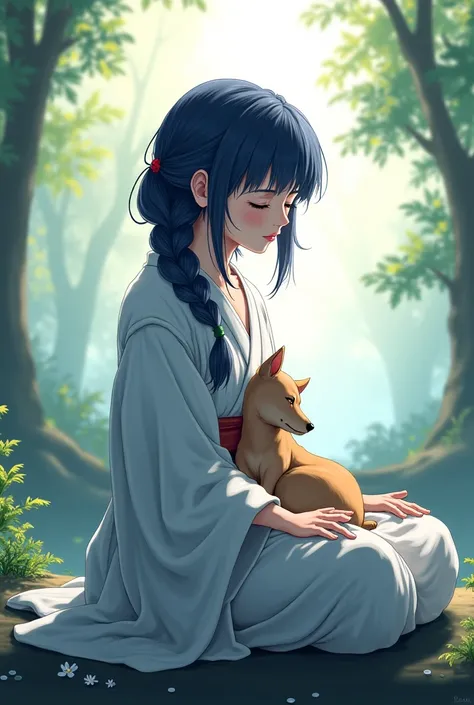 Create an anime character that has dark blue bair in a brai over her shouldef, a kimono and her eyes are normally closed. She is seated with a dog on her lap