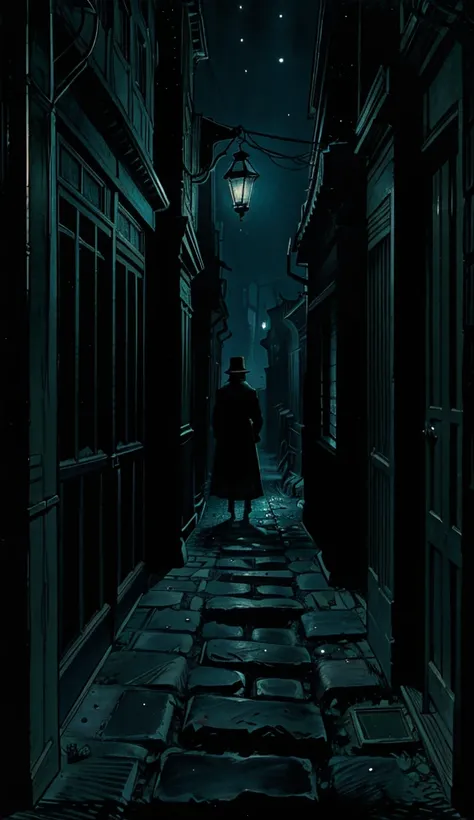  A dark and narrow alley in 1888 London,  illuminated only by the faint light of a lantern . A dense and terrifying environment ,  with a mysterious figure in the shadows watching .