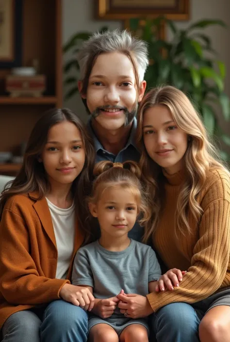 Create a family photo, with the father plus the 3 daughters ,  using the people in the attached photo as a reference for the characters