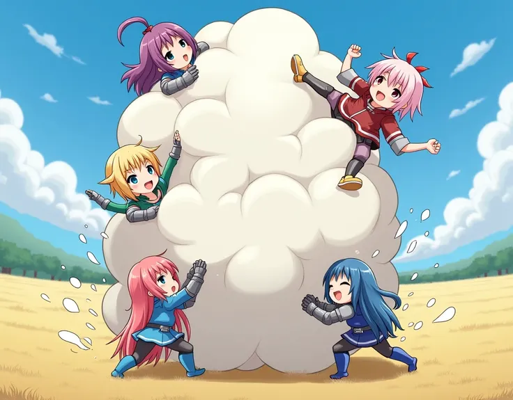 An anime-style art depicting many knight-girls playfully wrestling with each other inside a fierld comical fight cloud.
each knight-girl has different colored hair.
their faces,hands,and feet are visible emerging from the cloud as they tussle humorously,  ...