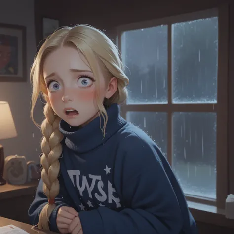 score_9, score_8_up, score_7_up, A young blonde girl with long braided hair, Wearing an oversized sweater and a tiny white thong, On a rainy night outside,Inside a dark house with low lighting, The ambiance is cozy and intimate, The sweater barely covering...