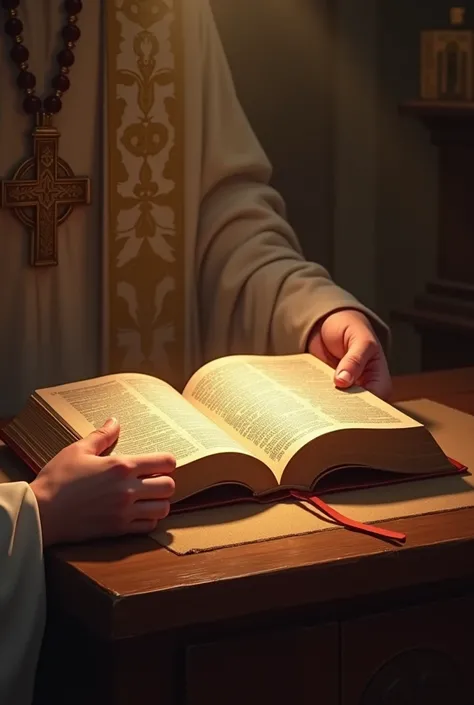  create an image of a bible being opened under a table on a church altar, The bible must be open in one with someone holding  