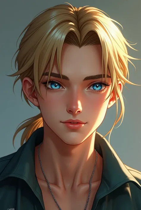 A handsome boy with neck-length blond hair tied back, big piercing blue eyes , your traits are attractive. semi realistic style 