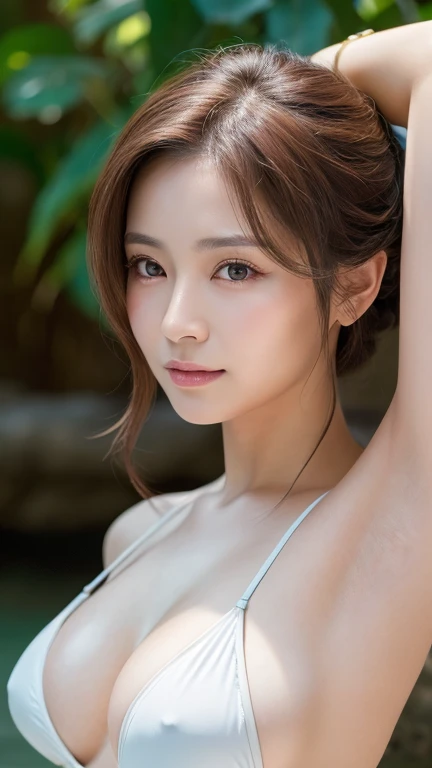 (best quality, masterpiece:1.2), ultra high res, raw photo, photorealistic, full color, Japanese, 1 woman, 75 years old, elegant face, realistic eyes, oblong face, small breasts, long hair, half updo, bikini, upper thigh