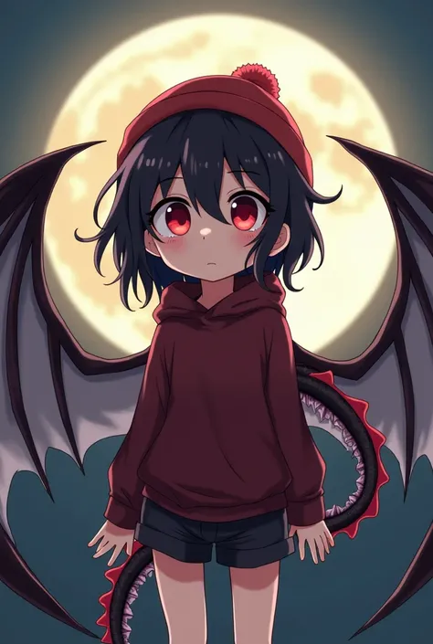 Anime A small man with red eyes, medium length hair, black hair, wearing a dark red sweater, with a dragon tail and 3 pairs of black dragon wings mixed with white, wearing very short pants, wearing a hood, wearing a red hat, with a background of a full moo...