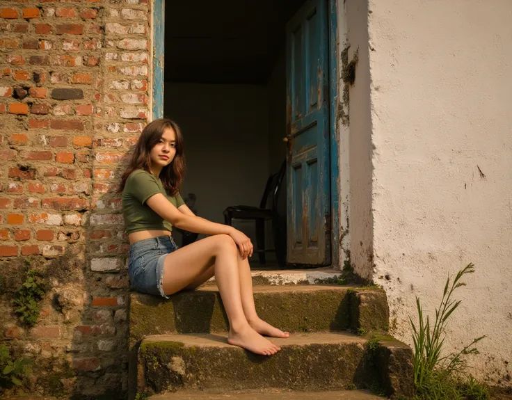 Ultra-realistic ultra-wide photograph of an 18-year-old girl sitting on the worn concrete steps of a small, old brick house. She is wearing tight, faded denim shorts and a cropped green top with natural creases in the fabric, her relaxed posture adding to ...