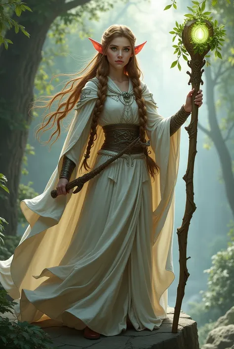 Elf, 31 years old woman, wears feathers as hair ornaments. Long braided hazel-colored hair, green eyes. Very pale complexion and almond-shaped eyes. She wears a white magicians cape with elven runic symbols made of silver threads, she stands on a rock with...