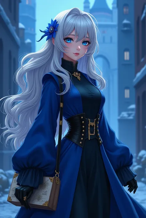  Make a woman with white hair with gray with blue highlights , Big, voluminous hair, blue eyes,  and a large blue and black dress with a bag with a map inside,  in the background of the woman I want a blue palace at night  , The realistic woman a bit like ...