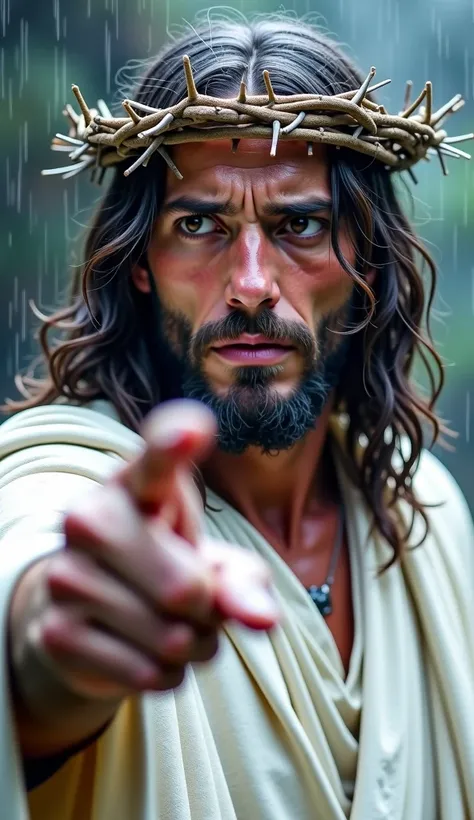 Jesus pointing his hand straight ahead and staring intently at the camera, his eyes locked on the camera and crying, tears streaming down his face. He is wearing a crown of thorns on his head, has brown eyes, is dressed in completely white clothing as whit...