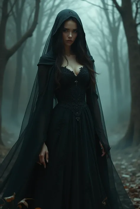 Create a D&D character that has dark and a long dress. She is in relationship with a demon
