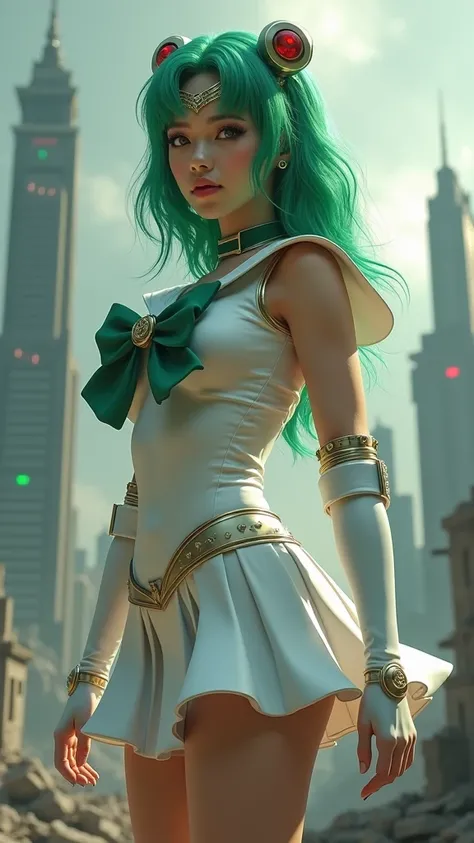 (Qingxu_Fotografía realista de retratos de belleza asiática_V11), (Qingxu_Fotografía realista de retratos de belleza asiática_F.11), ,Ariana Grande cosplay Sailor Moon Venus, (Sailor Senshi Uniforms:1.4),  dark green hair, medium hair, Supplicant skirt, ( ...