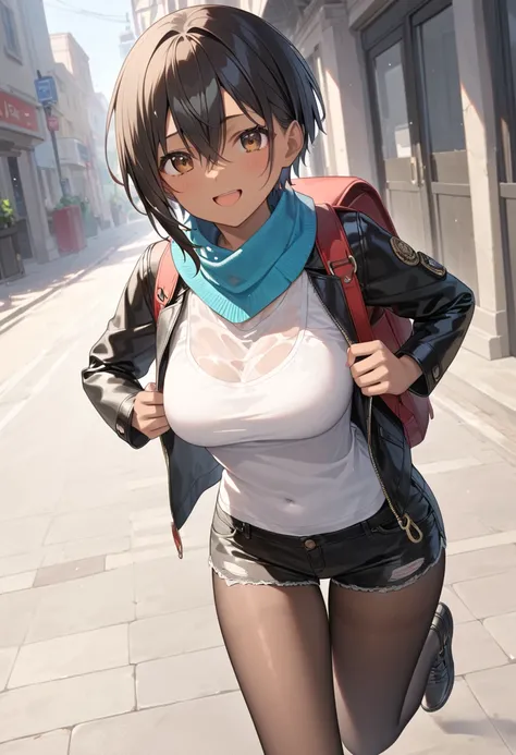 nsfw, score_9, score_8_ up, score_7_ up, score_6_ up, score_5_ up, score_4_ up,  source anime,masterpiece,  High Quality , BREAK Face Focus , 1 girl,17yo, very short hair , boyish 、 black hair,( Hair between eyes ),( brown eyes),(Dark Skin:1.3), happy , la...