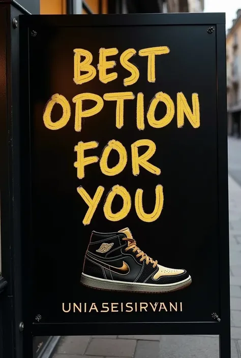 WRITE A SIGN IN PORTUGUESE GAABESHOES WRITE IN PORTUGUESE BEST OPTION FOR YOU WITH GOLD LETTERS WITH A NIKE JORDAN SNEAKER IN BLACK AND GOLD ON THE SIDE OF THE SIGN WITH A BLACK BACKGROUND AND ADD THE FOLLOWING SENTENCE UNDER THE SIGN THE BEST OPTION FOR Y...