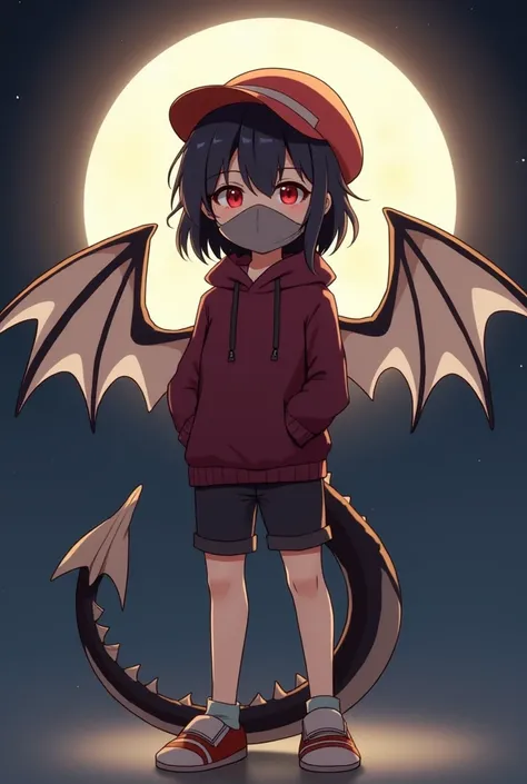 Anime A small man with red eyes, medium length hair, black hair, wearing a dark red sweater, with a dragon tail and 3 pairs of black dragon wings mixed with white, wearing very short pants, wearing a hood, wearing a red hat, with a background of a full moo...