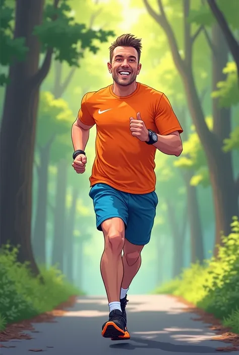 I made a typical cartoon of a man with very short hair and clean-shaven running with a bright orange Nike t-shirt,  bright blue shorts and black Asics sneakers with orange , without socks on asphalt ground in a wooded environment  