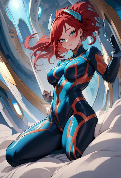 My hero academia, woman with long red hair, turquoise eyes, perfect and full hourglass body, nsfw