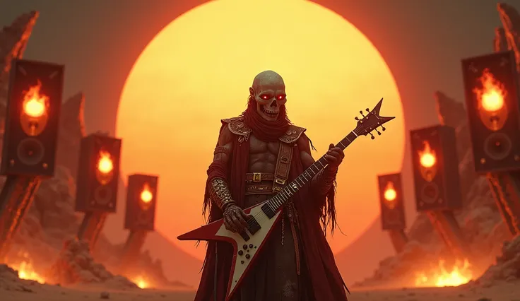 in the desert, a necromancer plays rock guitar, there are huge fiery speakers on each side and big sun background 