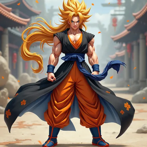 She plays a Saiyan woman in the form of Dragon Ball Z she wears the same costumes as Goku but a black kimono with orange details and she has hair similar to Gokus she is in basic shape and smiling 