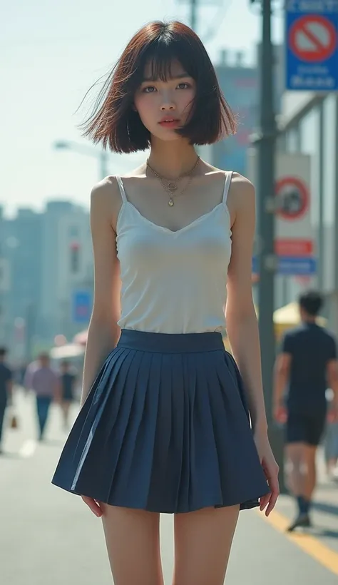  the most beautiful Korean woman in the world ,Her legs are extremely thin , her legs are extremely long , Ultra Miniskirt ,彼女のskinは極めて白くて美しい,skin (The strong wind makes the skirt flutter:1.4), ((  being restrained by chains 、 underwear with my gun )),  Be...