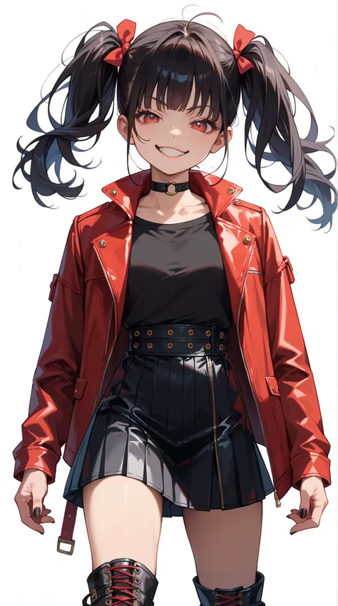 score_9, score_8_up, score_7_up, source_anime, masterpiece, high quality, realistic style, wanke, half body shot, solo, 1girl, black hair, twintails hair, red eyes, simple red leather jacket, black skirt, black thigh high boots, black choker, black painted...