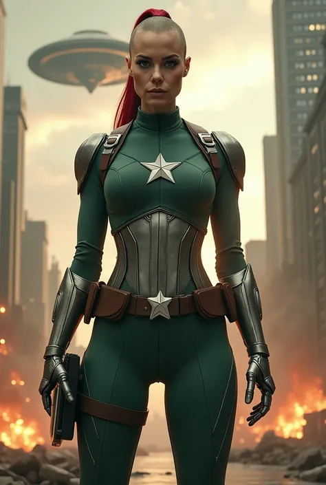 (((A beautiful tall woman Captain America))),(((Android parts of your body are robotic ))),(((green suit))),(((With her head completely shaved ))),((( Showing only a red ponytail in the middle of her completely shaved head ((( Under the mantle of Peggy Car...